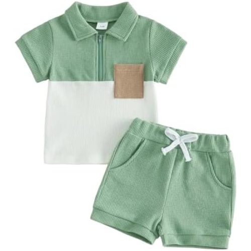 VISGOGO Baby Boy Summer Outfit Striped Short Sleeve T-shirt Toddler Boy Summer Clothes 6 12 18 Months 2 3 4 5 6 T Short Set
