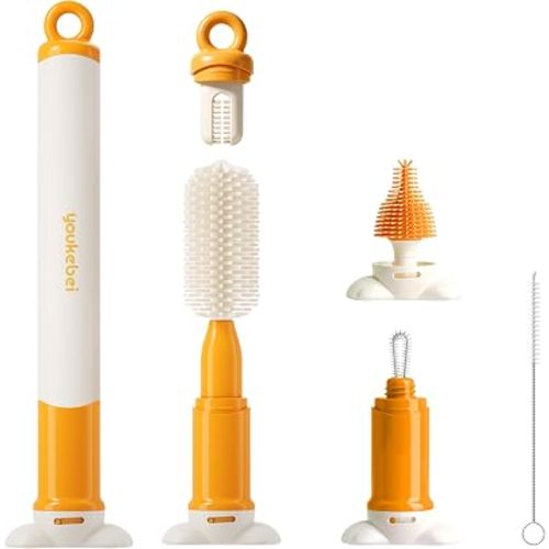 5-in-1 Bottle Cleaning Brush Set - Silicone Baby Bottle Brush Cleaner Kit with Nipple Brush, Detail Brush & Straw Brush, Portable Long Handle Bottles Scrubber Cleaning Tool (Orange)