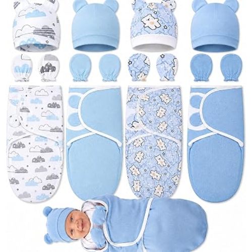 4 Pack Baby Swaddle Blanket 0-3 Months with Hats and Mittens Set, Soft Cotton Newborn Swaddles for Boys Girls, Adjustable Infant Sack, Gifts for Baby Shower(0-3 Months,Simple Style)