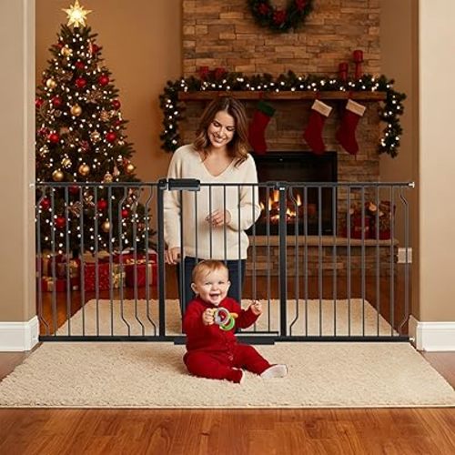 Extra Wide Baby Gates for Doorways 62.20"-71.65" Extra Wide Baby Gate Dog gate Pressure Mounted No Drilling with Walk-Through, Auto-Close & Dual-Direction Swing for Large Wide Opening Black