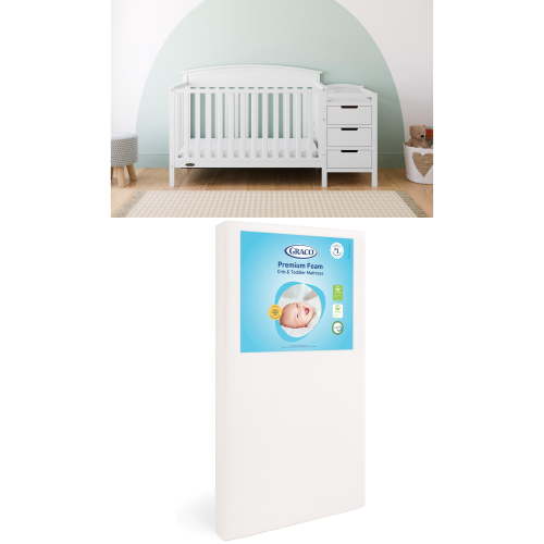 Graco Benton 4-in-1 Convertible Crib and Changer and Premium Crib & Toddler Mattress Bundle, White