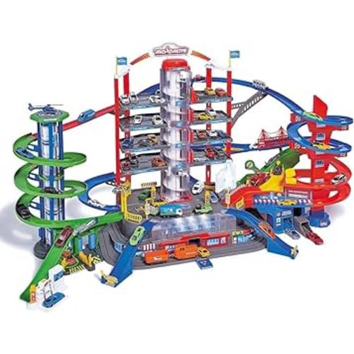 DICKIE TOYS: Majorette Super City Garage Playset with 6 Die-Cast Cars, Parking Building Play World on Seven Floors, 6 Light and Sound Effect Systems, For Ages 3 and up , 128 x 78 x 73 cm