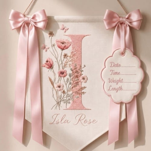 Floral Initials Embroidered Banner, Custom Name Pennant, Baby Girl Nursery Art, Embroidered Linen Sign, Wildflower Room Decor Birth Stats