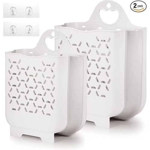 Laundry Basket Collapsible Laundry Hamper 2 Packs Clothes Hamper Portable Dirty Clothes Basket Smart Saving Space Hampers for Laundry Dorm Room Ventilated Design (White)