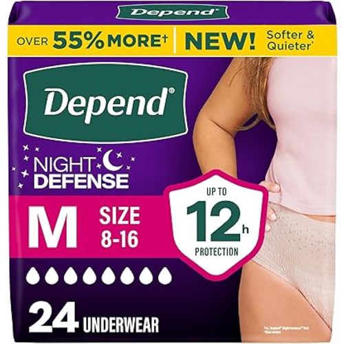 Depend Night Defense Adult Diapers, Incontinence & Postpartum Bladder Leak Underwear for Women, Disposable, Overnight, Medium, Blush, 24 Count, Packaging May Vary