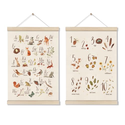DOI-LANEE Alphabet Numbers Poster Hanger Frame, 2PCS Woodland Nursery Wall Decor 16x12 Inch, Educational Montessori Wall Art Toddler, Preschool Learning Posters, Homeschool Decor
