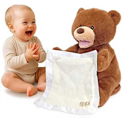 Tippi Peek a Boo Teddy Bear Toy - Interactive Talking Teddy with Blanket Comforter - for Newborn Baby Boys or Girls - Soft Toy Peekaboo Bear for Babies 0-12 Months +