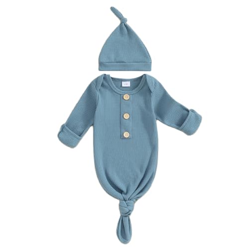 BULINGNA Newborn Baby Boys Girls Knotted Gown with Hat Set, Unisex Infant Nightgown with Mittens Sleepwear One Piece Pajamas