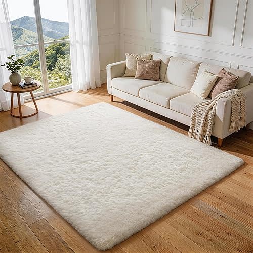 Ophanie Rugs for Living Room, Upgrade Non-Slip Fluffy Soft 5x8 Area Rug, Shag Large Fuzzy Plush Carpets for Bedroom Ivory, Shaggy Kids Dorm Home Decor with Over 99 pcs Pile fibers