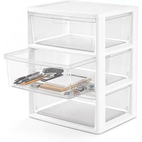 Wide 3 Drawer White Plastic Storage Tower with Clear Removable Bins