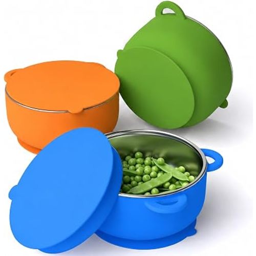 Bakpoco 2-in-1 Stainless Steel Baby Bowls, Leak-Proof Lids & Suction Silicone Bowl, 13.5oz Kids Snack Containers Toddler Food Bowls Self Feeding Essentials, 3Pack Bright Play