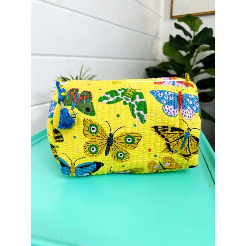 Quilted Makeup Cosmetics Toiletry Bag - Yellow Butterfly Print