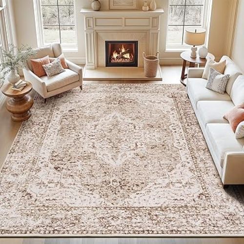 Lofus 8x10 Area Rugs for Living Room, Washable Area Rug, Rugs for Bedroom, Kitchen, Vintage Boho Carpet, Soft Non-Slip, Low Pile Large Area Rug for Office Dining Room, Vintage Beige Brown