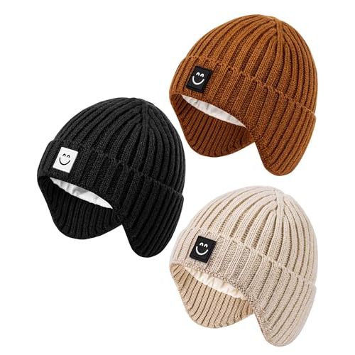 Alepo 3 Pack Baby Beanie Hats with Earflaps, 2 Size Baby Winter Hat for Toddler Kids, Fleece Lined Knit Hat for Girls Boys