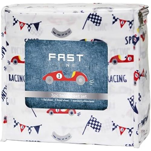 3Pc Twin Microfiber Sheet Set, Fast Lane - Includes Pillowcase, Flat & Fitted Sheet, Soft, Durable & Lightweight, Easy Care, Fun Designs, Ideal for Kids' Bedrooms & More