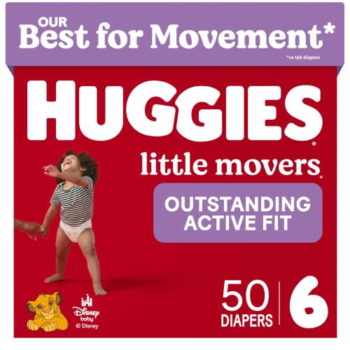 Huggies Little Movers Diapers Size 6, 50 Count | Double Grip Strips, Blowout Protection, Secure Flexible Fit, Up to 12-Hour Protection, Dry Touch Liner, Wetness Indicator