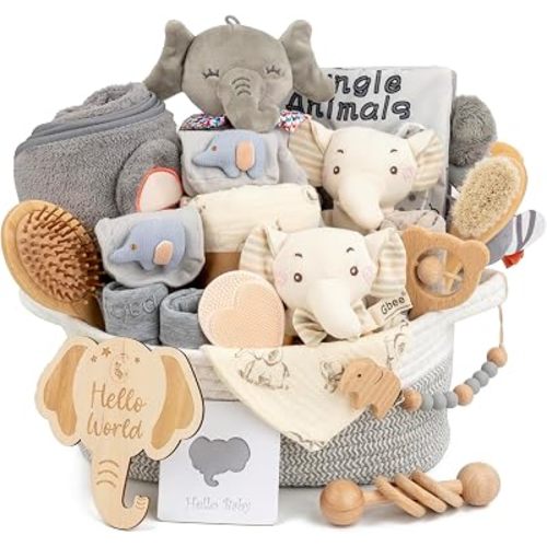 Baby Boy Gift Basket, 21-Piece Newborn Boy Shower Gift, Bath & Grooming(Type - Elephant)
