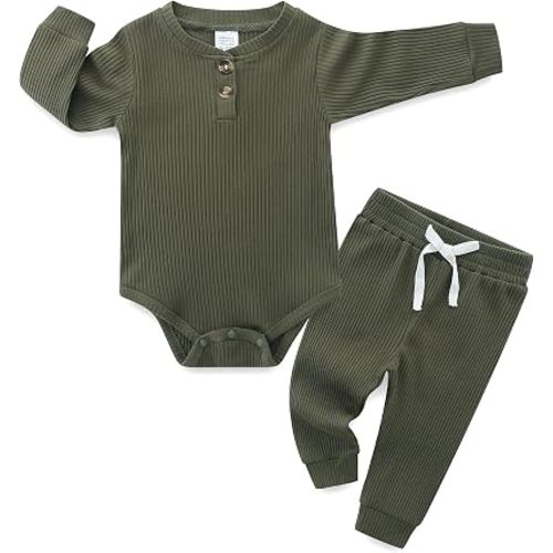 Hikido Newborn Baby Boy Girl Clothes Infant Ribbed Romper Cotton Long Sleeve Pant Sets for 0~18M Infant