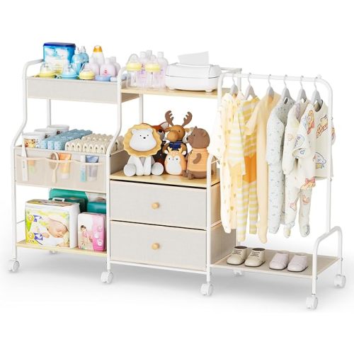 BBLIKE Diaper Caddy Organizer with Hanging Rack - 3 Tier Rolling Utility Cart with Drawers and Dividers for Baby Bottle Storage - Bedside Cart for Changing Station, Crib, Nursery, Bedroom, Beige