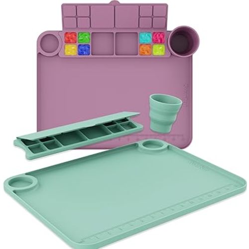 Silicone Painting Mat with Cup and Palette Detachable, 17"X13" Thick Silicone Craft Mat with Raised Edge for Artist, Kids Painting Station Silicone Creator Mat, Pack of 2, Purple & Green