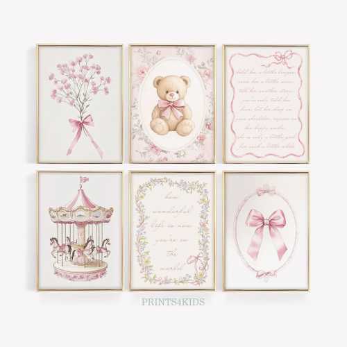 Girl Nursery Wall Art, Printable Set of 6 Pink Prints for Girl Room Decor, Vintage Bear Nursery Art, Lullaby Poem Poster, Floral Bow Art