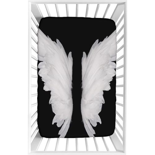 Decorative Crib Sheet,Angel Wings Fitted Microfiber Baby & Toddler Universal Crib Sheets,28"x 52"x 8",Black And White Angel Feather Wings Print Crib Sheet Set, for Standard Crib and Toddler Mattresses