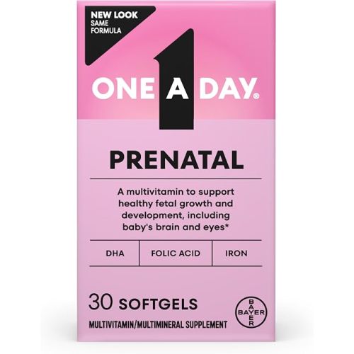 One A Day Prenatal Vitamins- Folic Acid, Iron, Omega- 3 (DHA), Pregnancy Vitamins for Women, Prenatal Multivitamin for Mom and Baby Support, Pregnancy Must Haves 30 Ct (Packaging May Vary)
