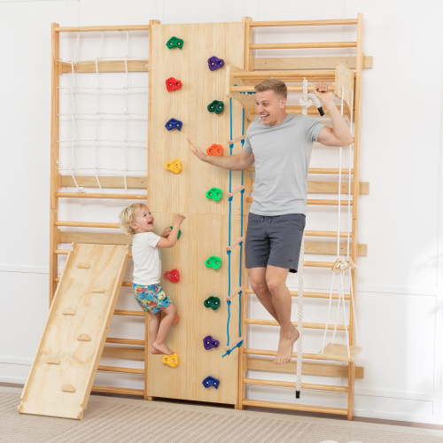 LZBEITEM 10-in-1 Indoor Play Gym Swedish Ladder Gym Set 94.5 Inches Toddler Jungle Gym Home Playground Wooden Climbing Playset with Swing, Rope Ladder, Pull-Up Bar, Slide and Rock Climbing Wall