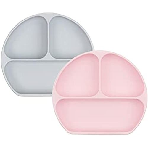 Bumkins Toddler and Baby Suction Plate, Silicone Divided Grip Dish for Babies and Kids, Baby Led Weaning, Children Feeding Supplies, Non Skid Bottom, Platinum Silicone, 6 Months Up, Gray and Pink