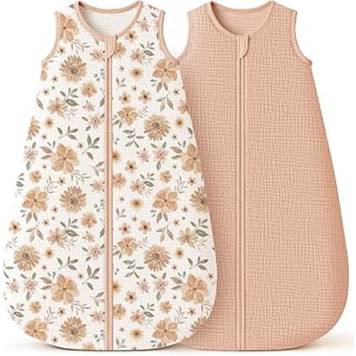 Konssy Muslin Baby Sleep Sack 0-6 Months 0.8 TOG, 2 Pack 100% Cotton Wearable Blanket for Babies, 2-Way Zipper Breathable Sleeping Sack Infant Toddler Essentials for Girls and Boys (Flourish, Toffee)