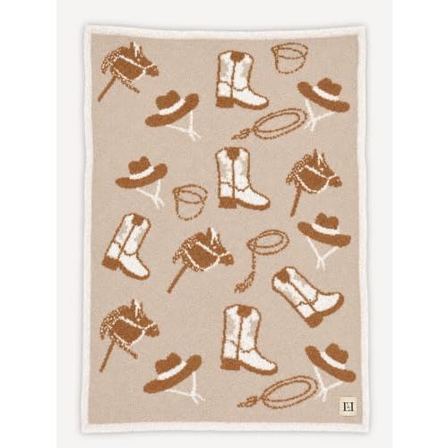 L+L USA Cowboy Baby Blanket 28"x40" - DreamSoft Knit Throw for Crib, Stroller, Car Seat - Soft Newborn Nursery Gift Essential Toddler, Infant, Babies, Kids, Boys & Girls (Tan/White)