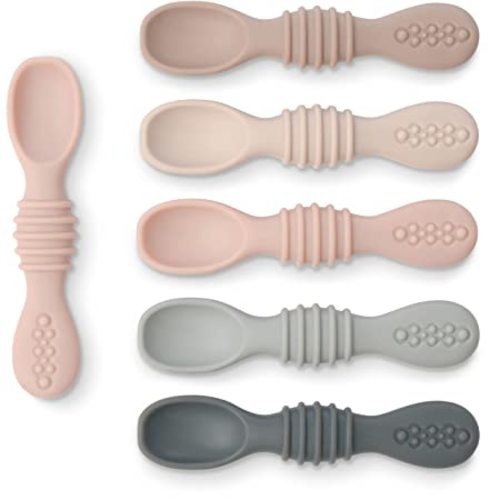 Simka Rose Silicone Baby Spoons Self Feeding (6 Pack)- First Stage Infant Spoons for Babies & Toddlers- Baby Led Weaning Shallow Spoons- Easy on Gums- 6 Months+ -Dishwasher Microwave Safe