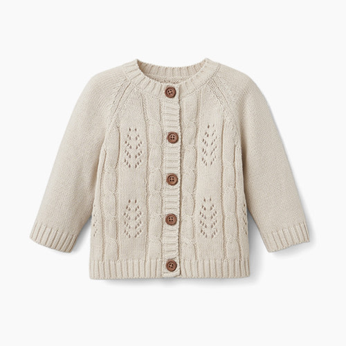Elegant Baby Pointelle Knit Baby Cardigan - Wheat Leaf, 6 M