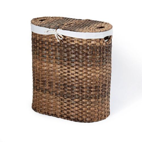 Seville Classics Hand-Woven Oval Double Laundry Hamper with Liner Natural Brown: Wicker Clothes Hamper with Lid, Portable