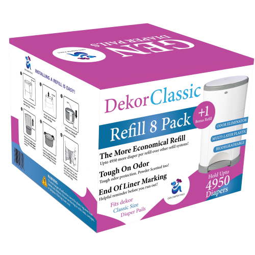 Dekor Classic Diaper Pail Refill, 9 Refill Liners, 30% Thicker, Leak-Proof, Powder Scent