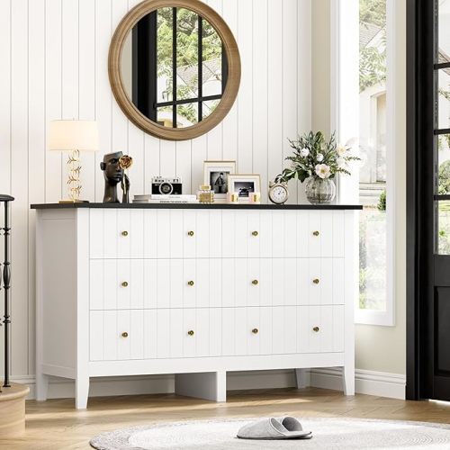 FOTOSOK White Dresser, Chest of Drawers, Modern 6 Drawer Double Dressers with Deep Drawers, Nursery Dresser for Baby, Wide Storage Organizer Cabinet for Living Room, Hallway, White&Black