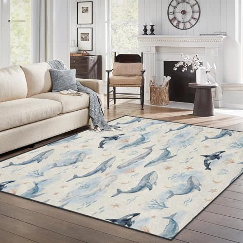 3x5 Area Rugs, Washable, Non Slip Backing, Whale Watercolor | Ocean Nursery Blue Stain Resistant Carpet for Home Kitchen Bedroom Dining Living Room Decor