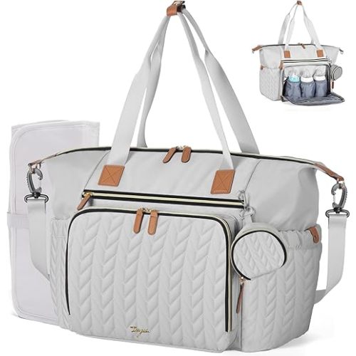 Diaper Bag Tote, Large Diaper Bags Waterproof, Hospital Bag for Labor Delivery, Baby Bag with Pacifier Case, Travel Diaper Tote with Changing Pad, Grey