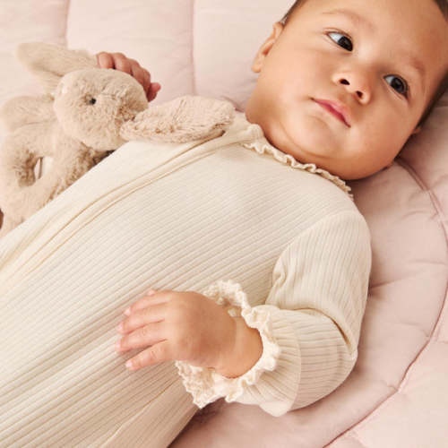 Lace Trim Ribbed Clever Zip Snug Fit Romper Cream / 9 - 12 M