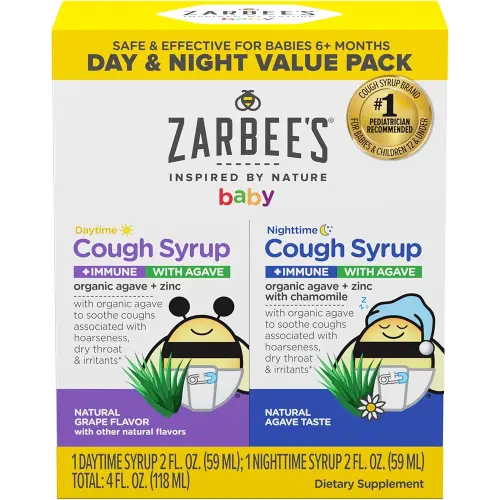 Zarbee’s Baby Day & Night Cough Medicine & Syrup Value Pack with Organic Agave + Zinc for Immune Support, Natural Grape Daytime & Chamomile Nighttime, Baby Cough Medicine, 2 x 2 fl oz