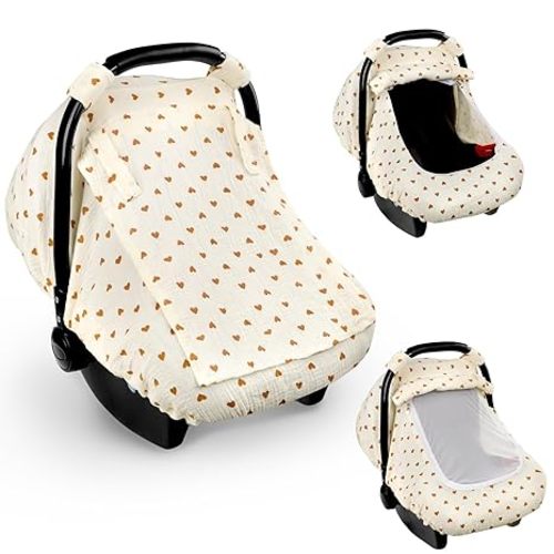Hooyax Muslin Car Seat Cover Baby - Breathable and Privacy Car Seat Canopy with 3 Modes - Easy Install & Gift Box Packaging, Universal Fit for Infant Car Seats, Pink Flower