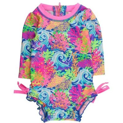 RuffleButts Baby Girls UPF50+ Sun Protected Neon Long Sleeve One Piece Rash Guard Swimsuit - Neon Ocean Coral, 0-3m