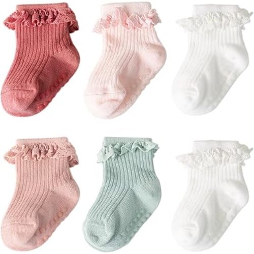 DRESHOW BQUBO Baby Girls Toddler Anti Slip Socks - Cute Frilly Ruffle Grip Ankle Socks for Infant Toddler