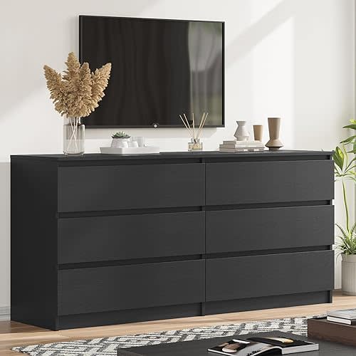 Modern 59'' Black Dresser for Bedroom, 6 Drawer Dresser with Minimalist Design, Thickened Panel & Smooth Metal Slides, Wood Long Chest of Drawers, Large Storage Wooden Dressers for Bedroom