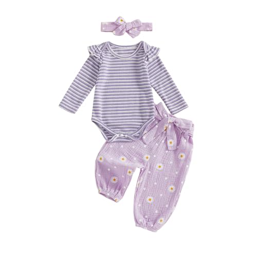 Kaipiclos Newborn Infant Girl Clothes Rib Knit Romper Daisy Print Pants Headband Baby Clothes for Girls 0 3 6 12 18 24 Months