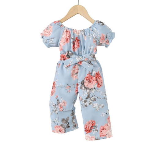 Infant Newborn Baby Girl Clothes Floral Printed Short Sleeved Round Neck Jumpsuit Bowknot Baby Clothes for Girls