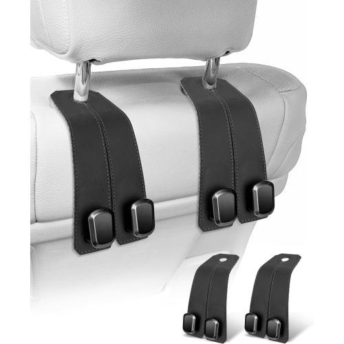 Car Hooks for Headrest, 2Pcs Seat Back Storage Hook Luxurious Leather 100% Metal Multifunctional Car Hanger & Holder for Heatrest, Seat, Bag, Purse (Black)