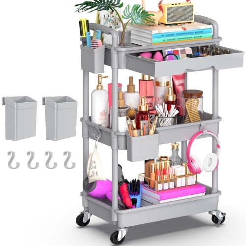 Yeabett, 3 Tier Rolling Utility Cart, with Removable Drawer, Grey