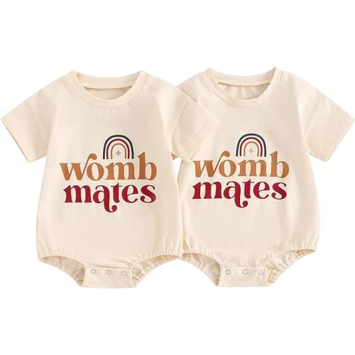 YOKJZJD Newborn Baby Girl Boy Twins Matching Outfits Womb Mates Short Sleeve Bubble Romper Bodysuit Summer Coming Home Outfit