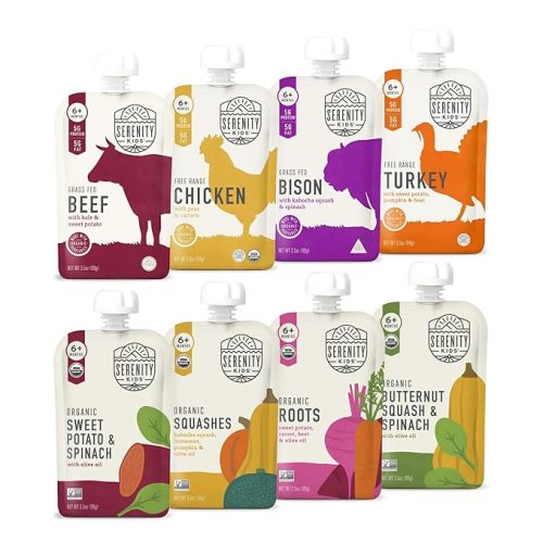 Serenity Kids 6+ Months Meats + Veggies Mixed Baby Food Puree Pouch Variety Pack - No Sugary Fruits or Added Sugar - 3.5 Oz BPA & Allergen Free Pouch- Baby Puree Variety Pack (3.5 Ounce (Pack of 8))